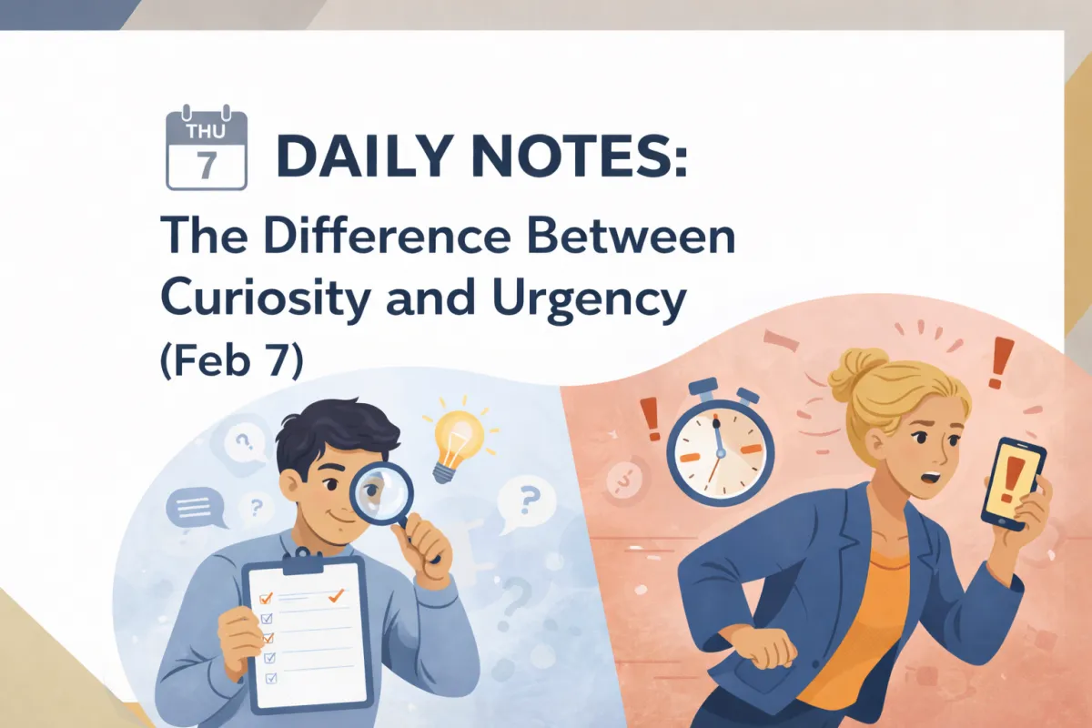Hero image for “Daily Notes” dated Feb 7 showing a split scene: on the left, a person with a magnifying glass and lightbulb symbolizing curiosity; on the right, a person rushing while checking a phone with alert icons and a stopwatch symbolizing urgency.