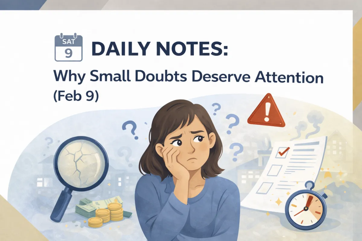 Hero image for “Daily Notes” dated Feb 9 showing a thoughtful woman surrounded by question marks, a warning icon, a magnifying glass, a checklist with a red mark, and a clock—symbolizing why small doubts deserve attention before they grow.