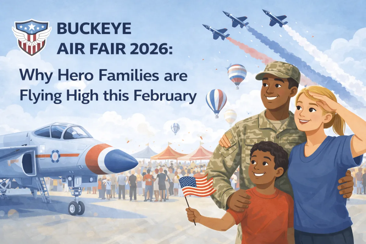 Hero blog image for Buckeye Air Fair 2026 showing a military family smiling at an air show with jets flying overhead leaving red, white, and blue smoke trails, hot air balloons in the sky, a crowd and tents in the background, and an aircraft on the runway.