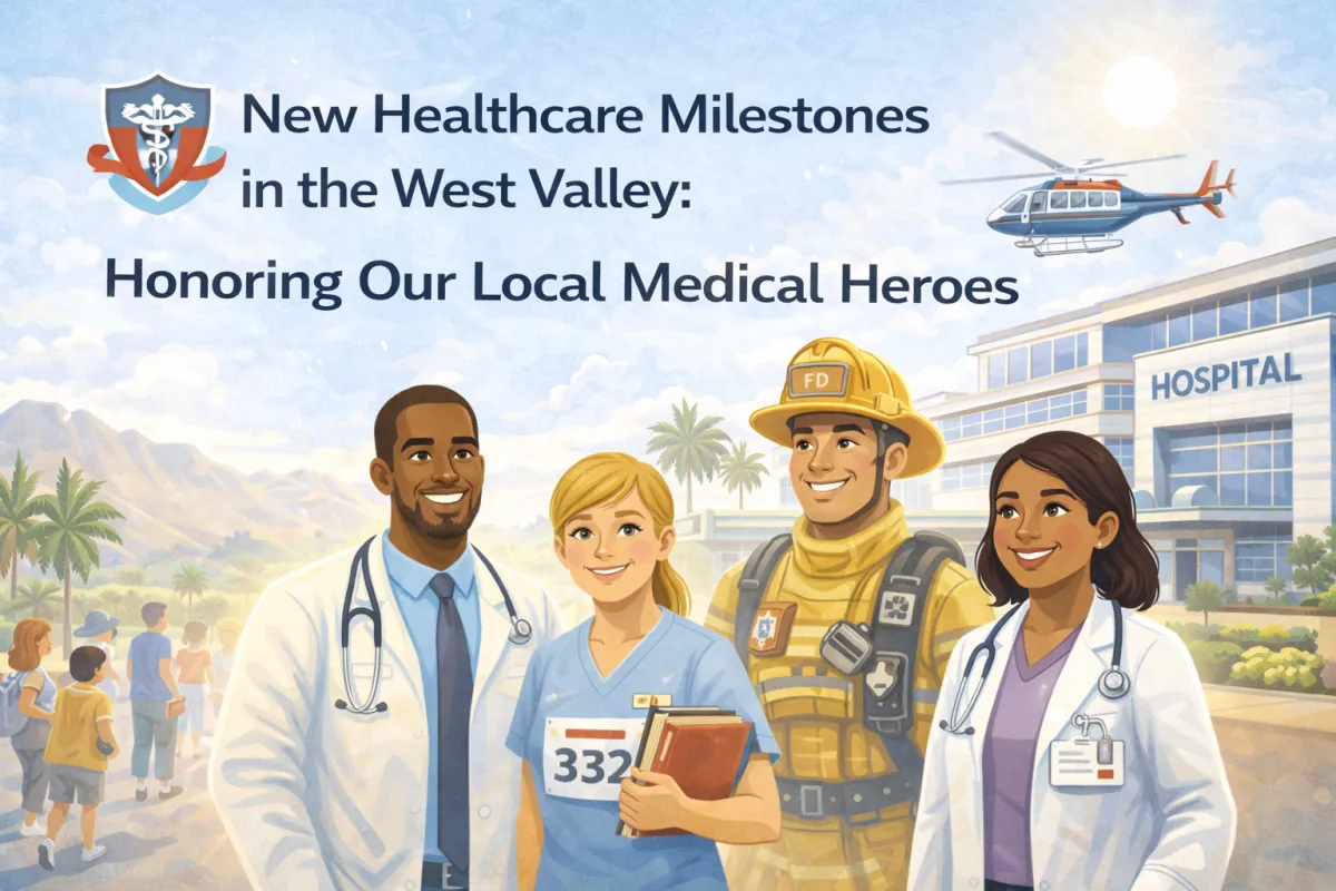 Hero blog image showing doctors and nurses standing together in front of a modern hospital in the West Valley, with a medical emblem, palm trees and mountains in the background, and a helicopter overhead—symbolizing progress in local healthcare and honoring medical heroes