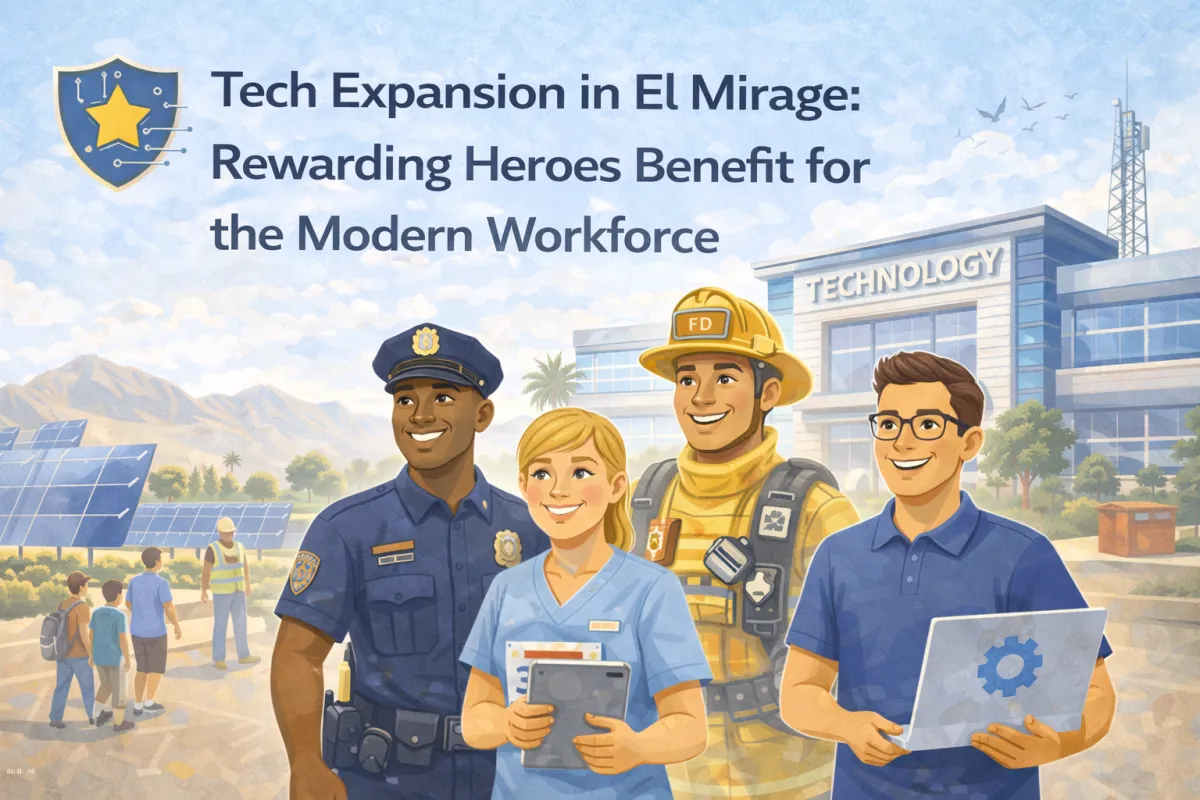 Hero blog image showing a police officer, nurse, firefighter, and tech professional standing in front of a modern “Technology” building in El Mirage, with solar panels, desert mountains, and a bright sky—representing local tech expansion and benefits for working heroes.