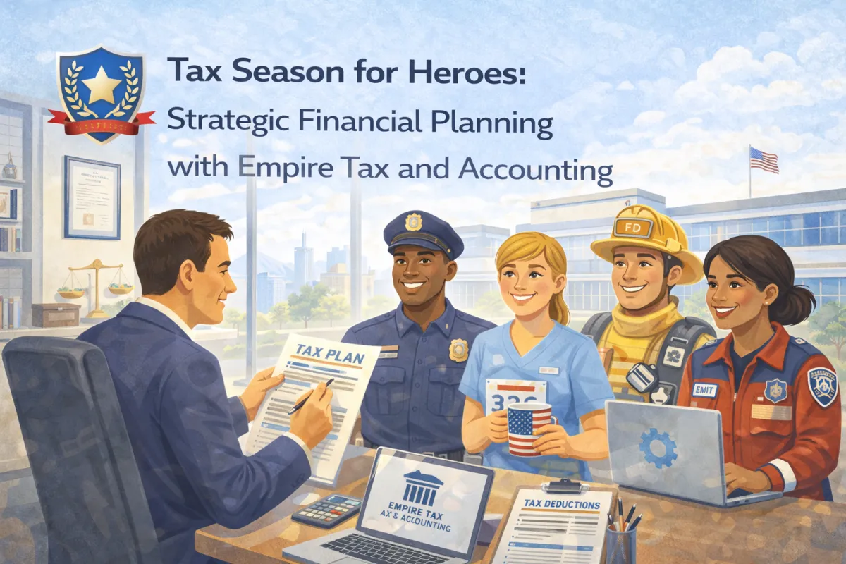 Hero blog image showing a financial advisor meeting with a police officer, nurse, firefighter, and EMT in a modern office while reviewing a document labeled “Tax Plan,” with an Empire Tax & Accounting laptop on the desk and a city view outside—highlighting strategic tax planning for local heroes.