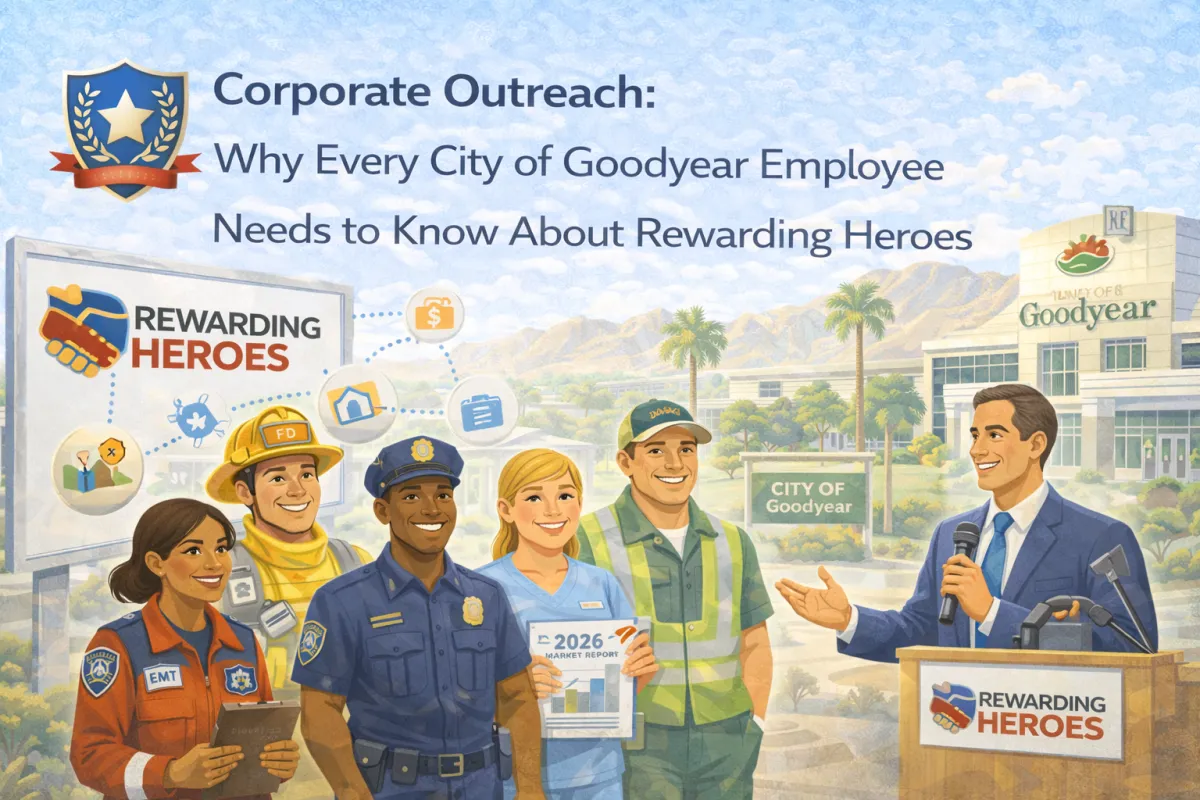 Hero blog image showing a speaker presenting the Rewarding Heroes program to City of Goodyear employees and local heroes (firefighter, police officer, nurse, EMT, city worker) with City of Goodyear signage and a Rewarding Heroes display board in the background.