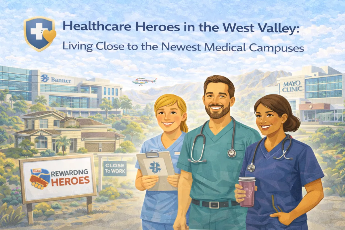 Hero blog image showing three healthcare professionals in scrubs smiling in front of West Valley scenery with modern medical campuses in the background, a nearby suburban home, and a “Close to Work” sign—highlighting the benefit of living near new hospital and clinic hubs.