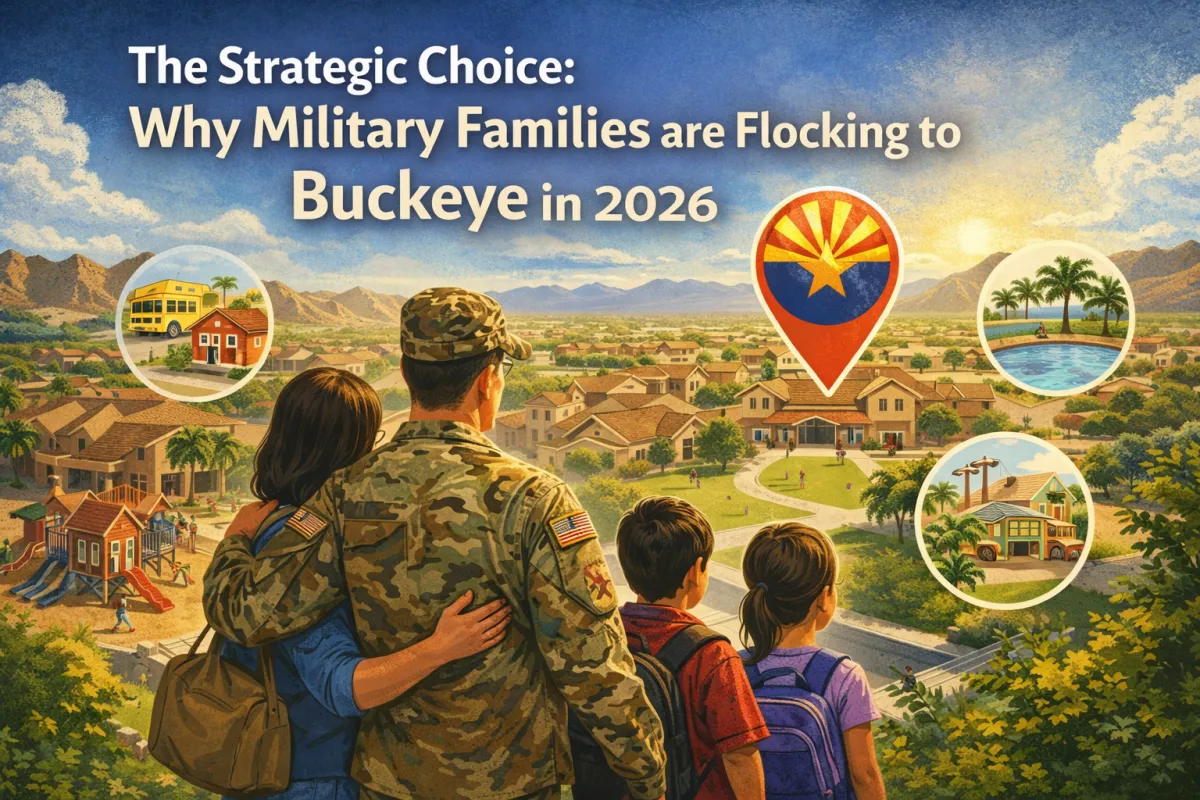 Military family overlooking a Buckeye, Arizona neighborhood with desert mountains and icons for schools, parks, and community amenities, highlighting why families are moving to Buckeye in 2026.