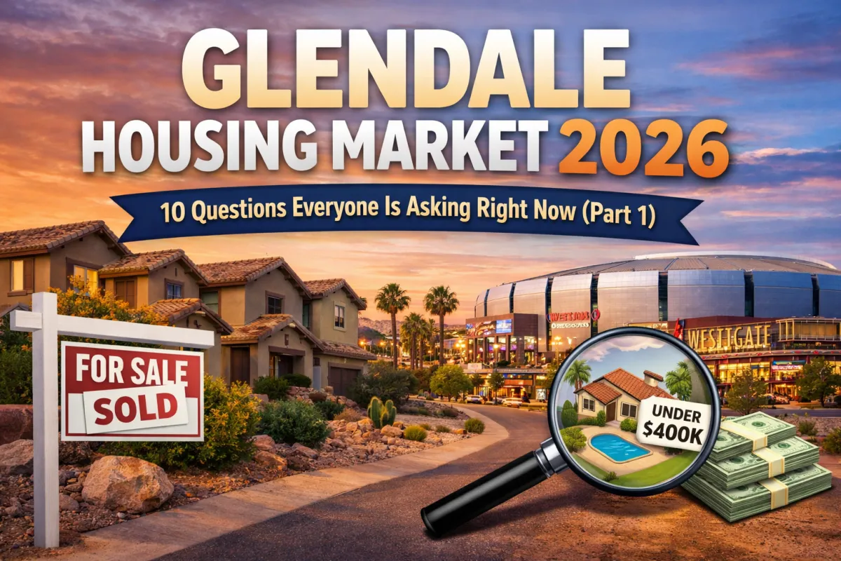 Hero image for a Glendale, Arizona real estate blog showing desert-style homes, a “For Sale/Sold” sign, Westgate and State Farm Stadium at sunset, and bold text reading “Glendale Housing Market 2026 – 10 Questions Everyone Is Asking Right Now (Part 1),” with a magnifying glass highlighting homes under $400K.