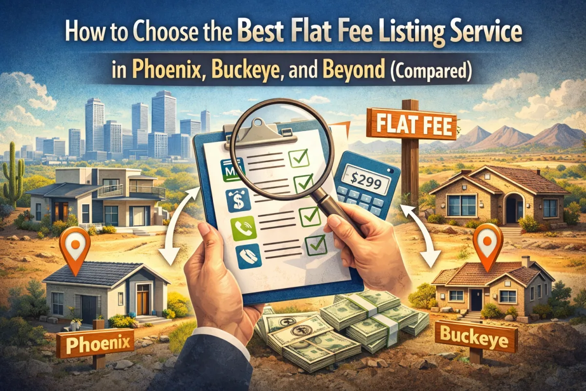 Hero image showing a checklist and magnifying glass comparing flat fee listing service options across Phoenix, Buckeye, and nearby Arizona markets.