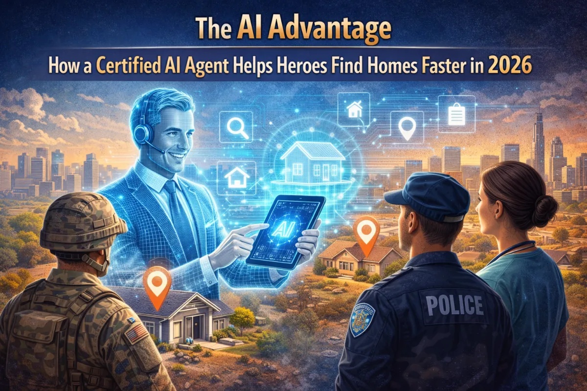 Futuristic Phoenix real estate scene showing a certified AI agent helping military, law enforcement, and healthcare heroes find homes faster using smart search technology in 2026.