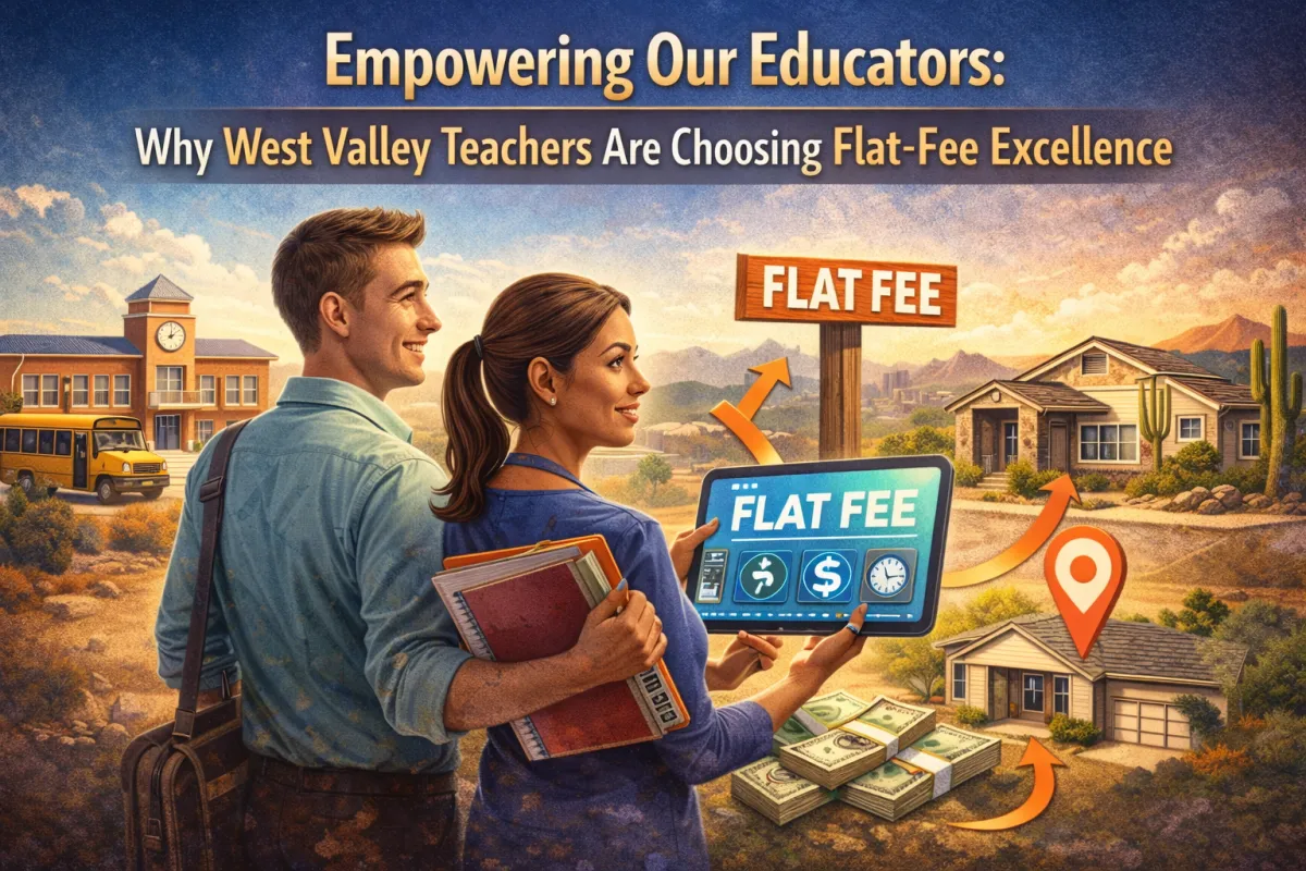Hero image of West Valley teachers reviewing a flat-fee home selling option on a tablet, with Arizona homes in the background and visual cues for savings and simplicity.