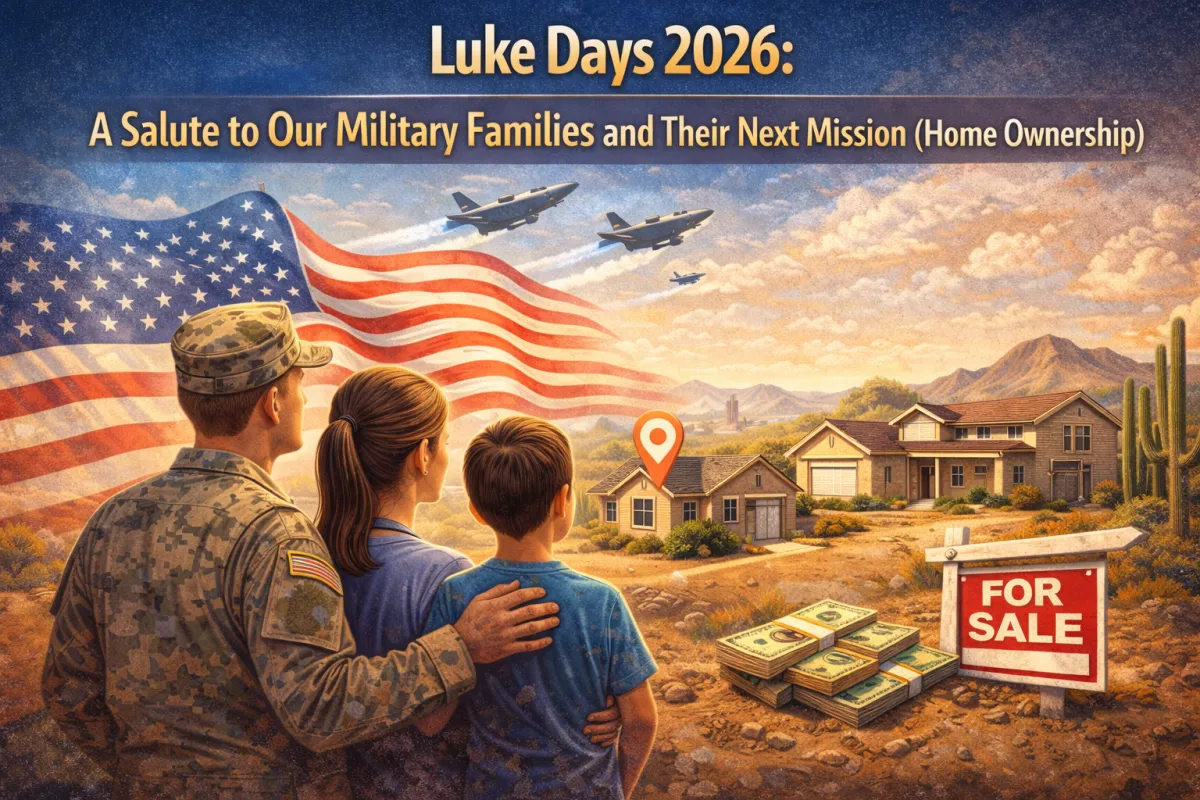 Hero image of a military family in the Phoenix West Valley looking toward homes for sale during Luke Days 2026, with jets overhead and patriotic visuals representing the journey to homeownership.