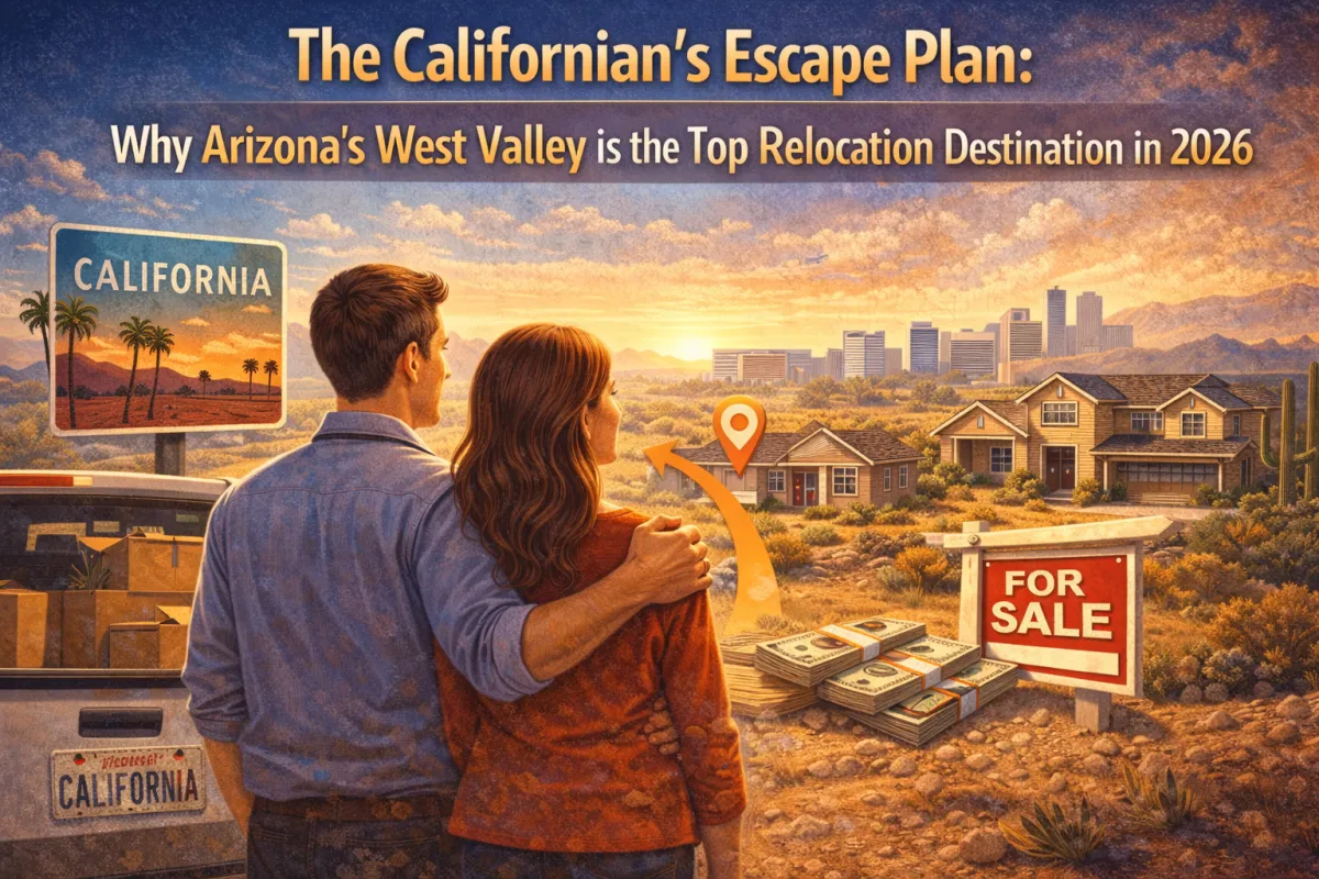 Hero image of a California couple relocating to Arizona’s West Valley, viewing desert homes for sale at sunset with moving boxes and Phoenix skyline in the distance.