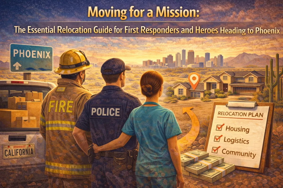 Hero image featuring first responders and a healthcare worker relocating to Phoenix, with moving boxes, desert homes, and a relocation checklist focused on housing, logistics, and community.