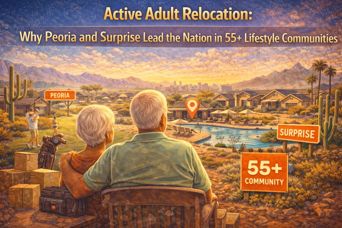 Hero image of a 55+ couple relocating to Arizona, overlooking active adult communities in Peoria and Surprise with resort-style amenities, golf, and desert mountain views.