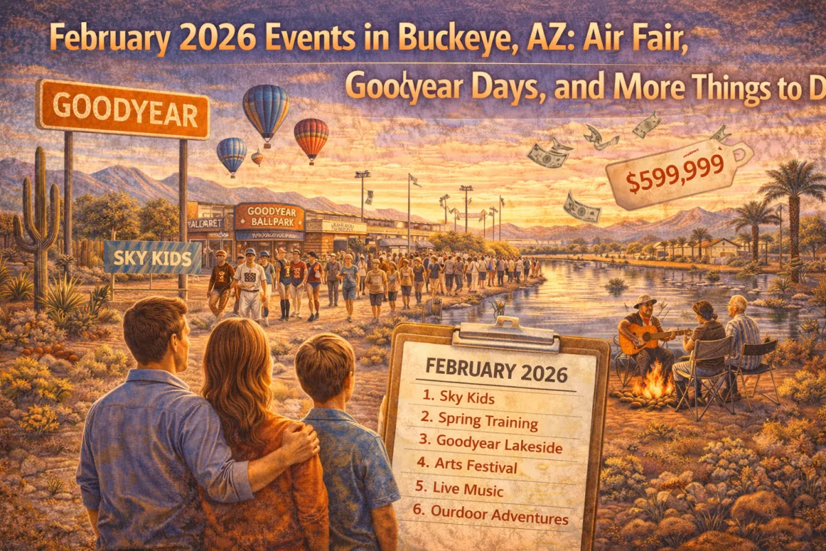 Hero image of February 2026 events in Goodyear, Arizona, featuring Goodyear Ballpark crowds, hot air balloons, lakeside live music, and family-friendly outdoor activities in a desert sunset setting.