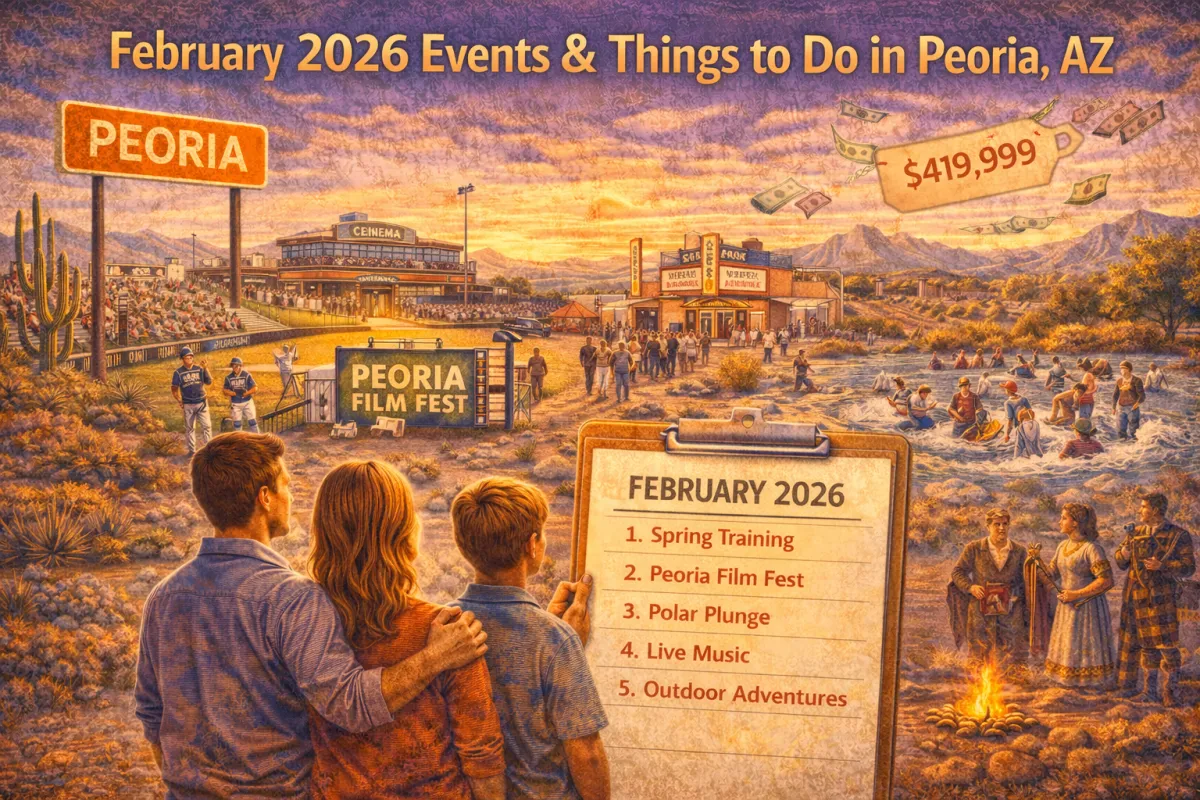 Hero image for February 2026 events in Peoria, Arizona, featuring spring training energy, community festivals, live entertainment, and family-friendly outdoor activities in a desert sunset setting.