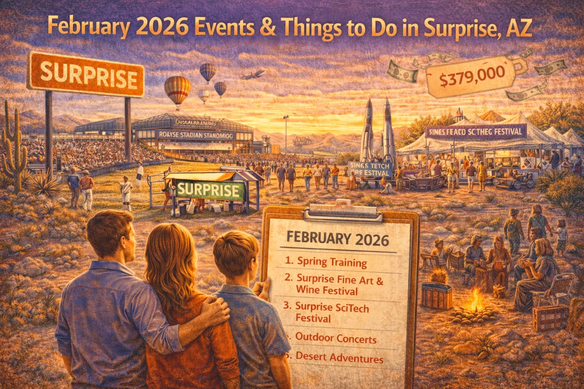 Hero image for February 2026 events in Surprise, Arizona, featuring spring training crowds, local festivals, family activities, and community entertainment in a desert sunset setting.
