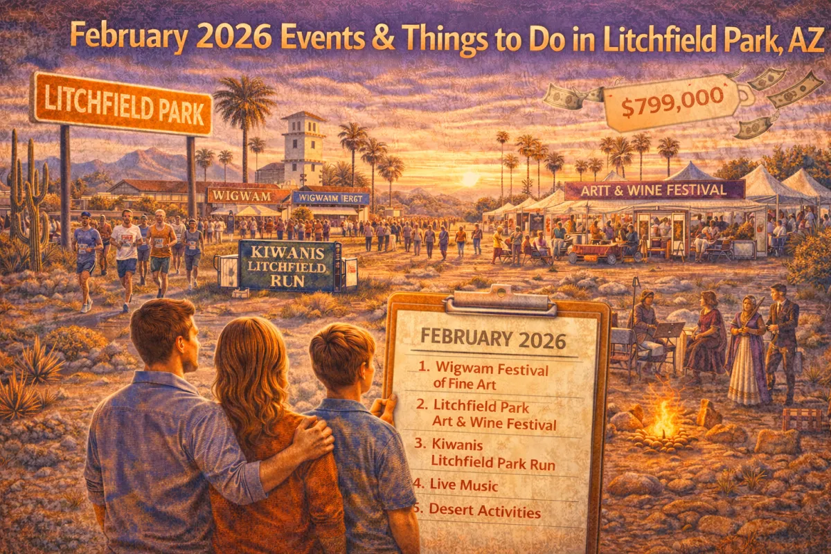 Hero image for February 2026 events in Litchfield Park, Arizona, featuring community festivals, local runs, live entertainment, and family-friendly activities in a desert sunset setting
