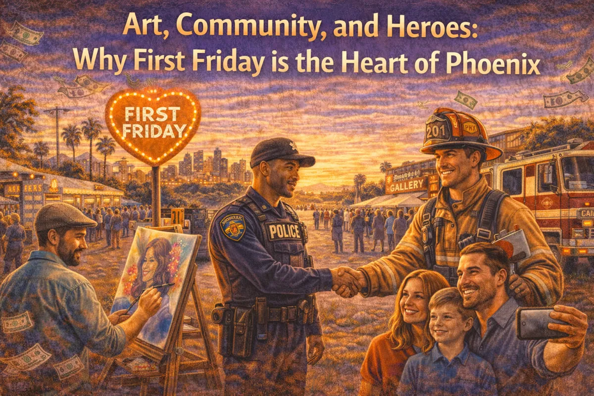 Hero image of Phoenix First Friday featuring local art, a family-friendly street scene, and first responders celebrating community connection in a vibrant downtown evening setting.