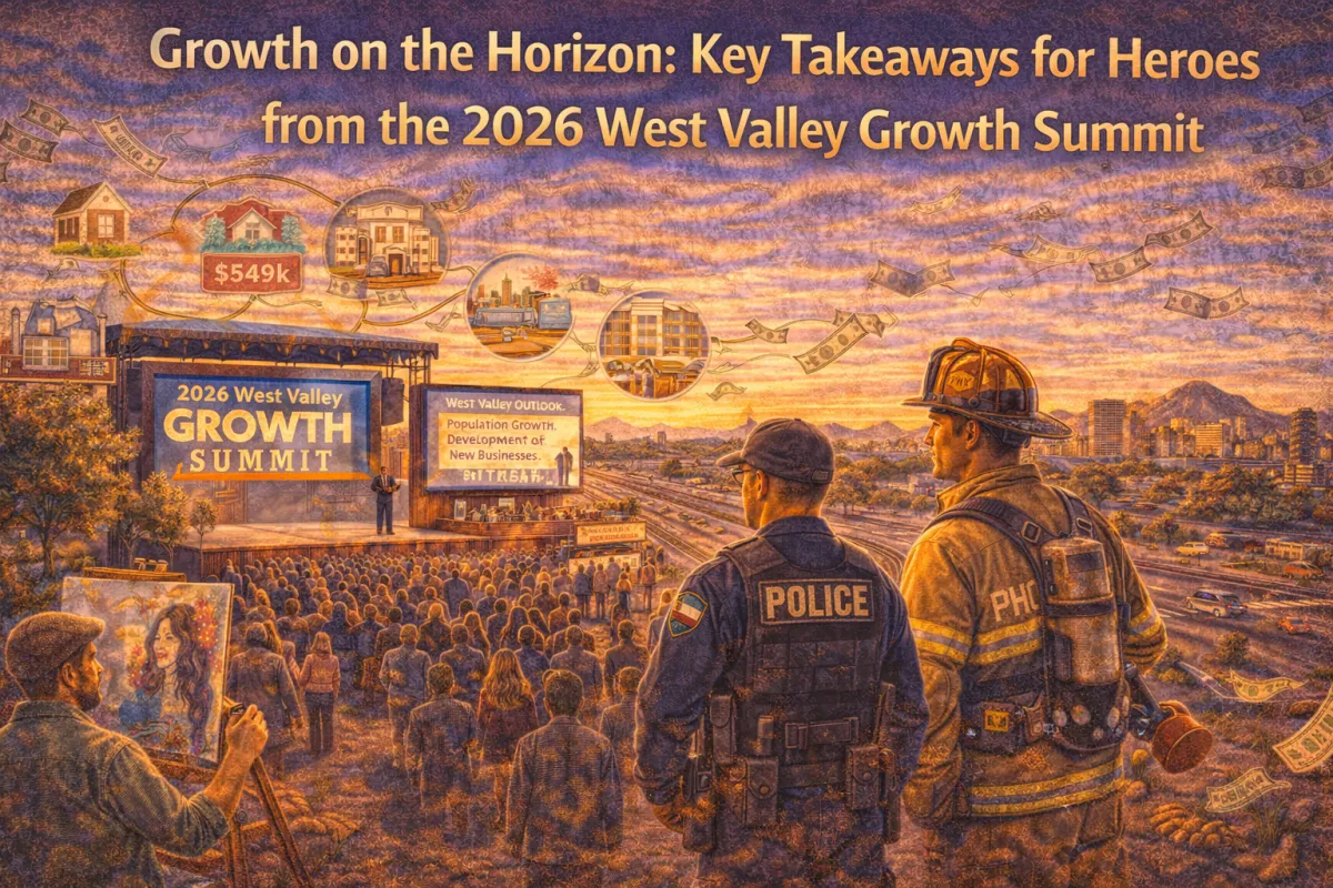 Hero image for the 2026 West Valley Growth Summit showing first responders and community members reviewing trends in housing, jobs, and economic development across the Phoenix West Valley.
