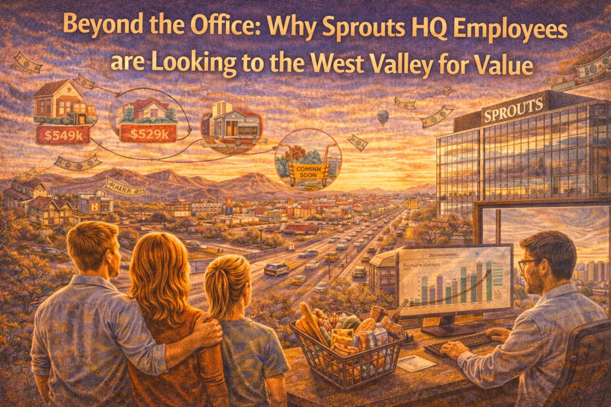 Hero image showing Sprouts HQ employees and a family exploring West Valley housing options, commute routes, and value-focused neighborhoods in the Phoenix metro area.