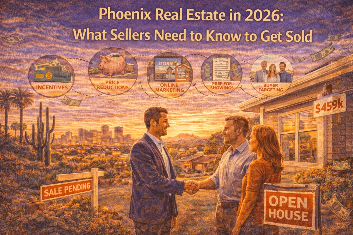 Hero image of a Phoenix real estate agent meeting with home sellers in 2026, highlighting key selling strategies like pricing, incentives, marketing, and buyer targeting in a desert-city backdrop.