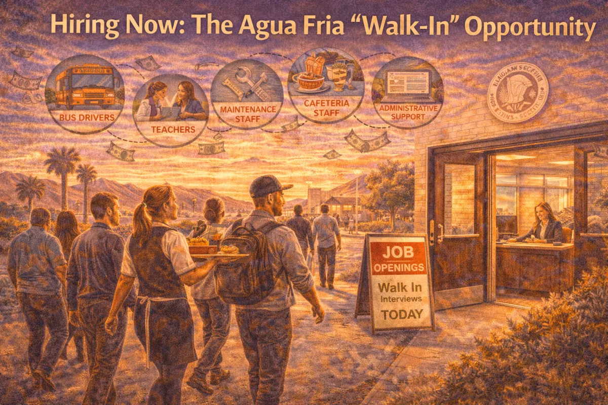 Hero image of job seekers arriving for Agua Fria Unified School District walk-in interviews, highlighting openings for teachers, bus drivers, maintenance, cafeteria, and administrative support roles.