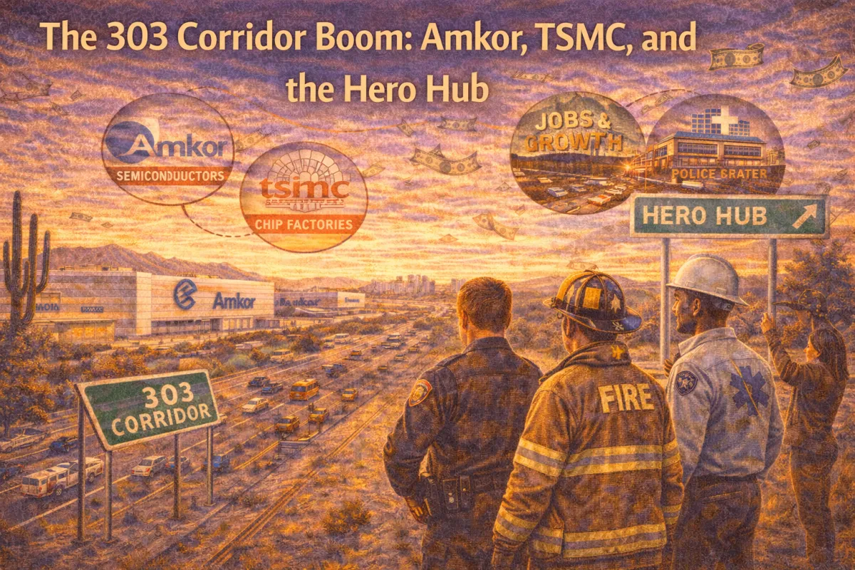 Hero image of Phoenix’s Loop 303 growth corridor featuring semiconductor expansion, rising job hubs, and first responders representing the “Hero Hub” connection to West Valley housing demand.
