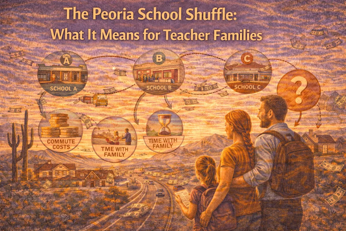 Hero image of a teacher family navigating school assignment changes in Peoria, Arizona, highlighting commute impact, housing choices, and family time decisions