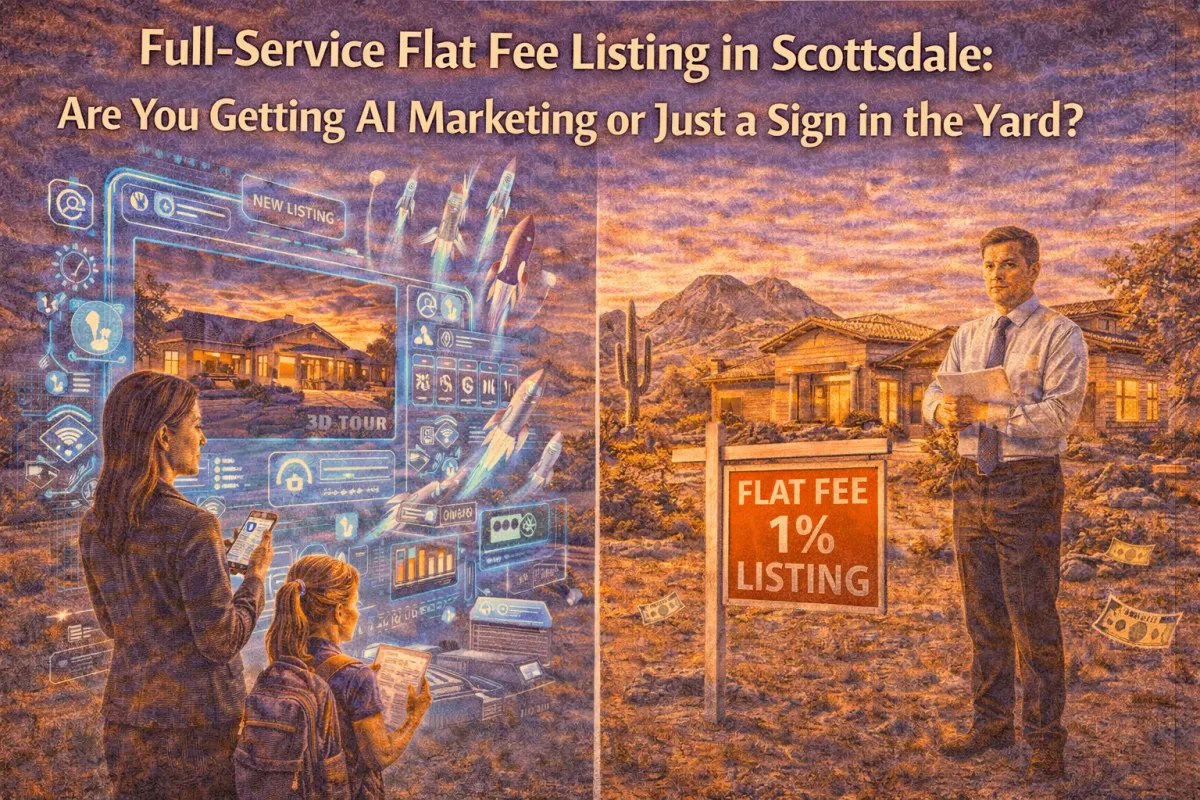 Hero image comparing two Scottsdale flat-fee listing approaches: one with AI-powered marketing dashboards and digital reach, and one with only a traditional yard sign and basic service.