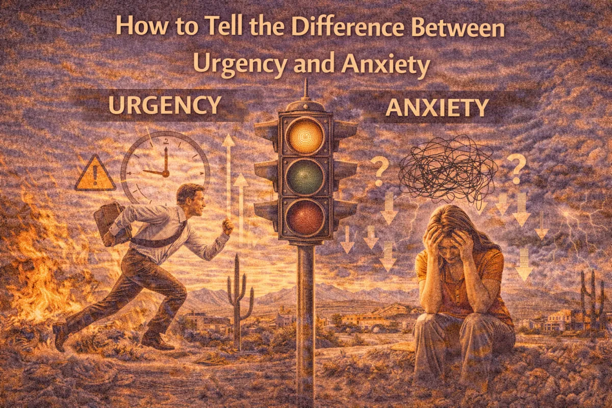 Hero image contrasting urgency and anxiety, using visual cues like a traffic light, clock, and emotional body language to show the difference between decisive action and stress-driven overwhelm.
