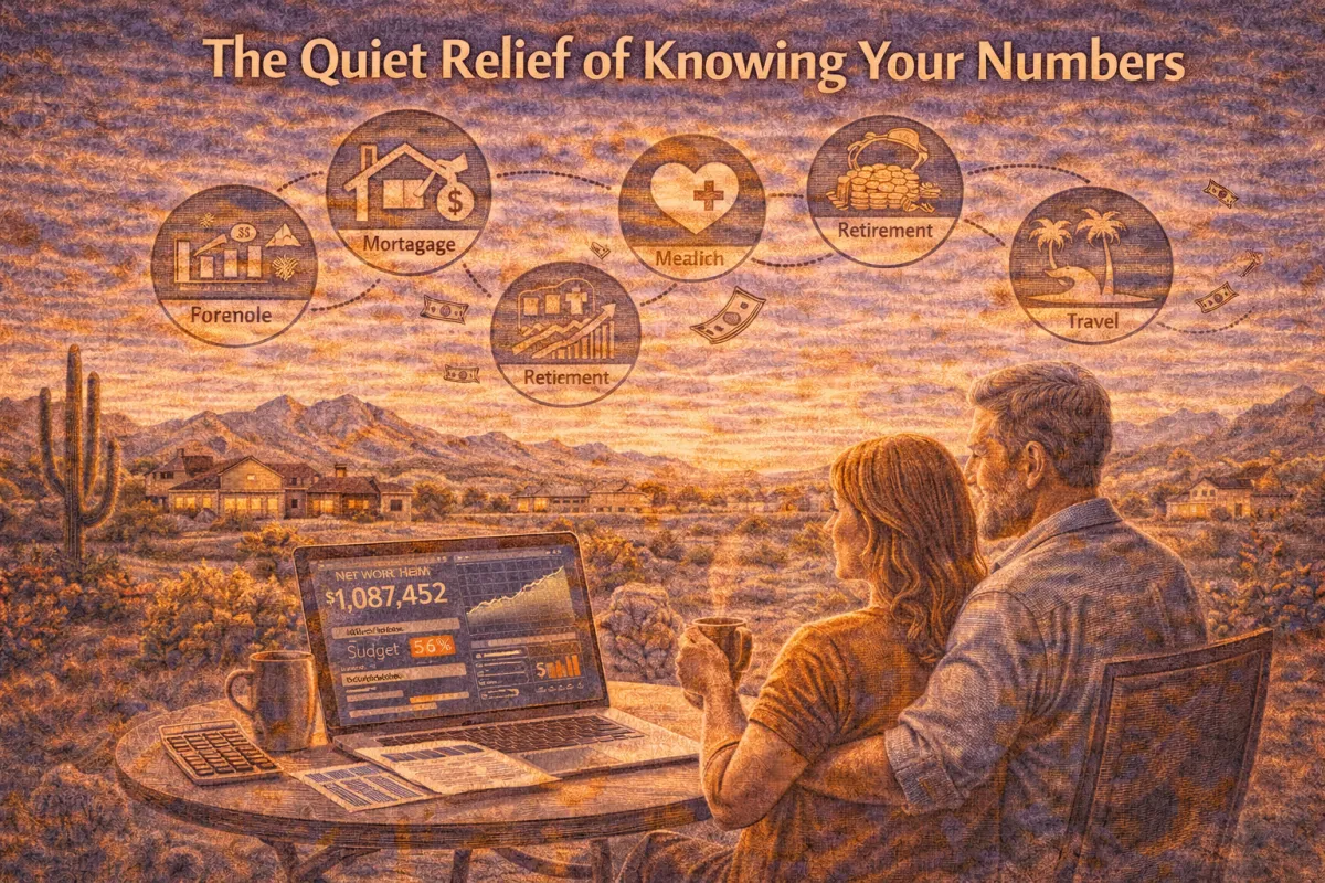 Hero image of a couple in Phoenix reviewing finances at sunset, with a laptop dashboard and planning icons representing mortgage, retirement, healthcare, and travel goals—capturing the calm confidence of knowing your numbers.