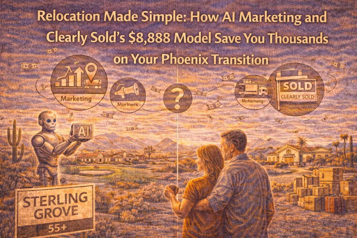 Hero image of a relocating couple planning a Phoenix move with AI-powered real estate tools, highlighting Clearly Sold’s $8,888 model, streamlined marketing, and potential cost savings during the transition.