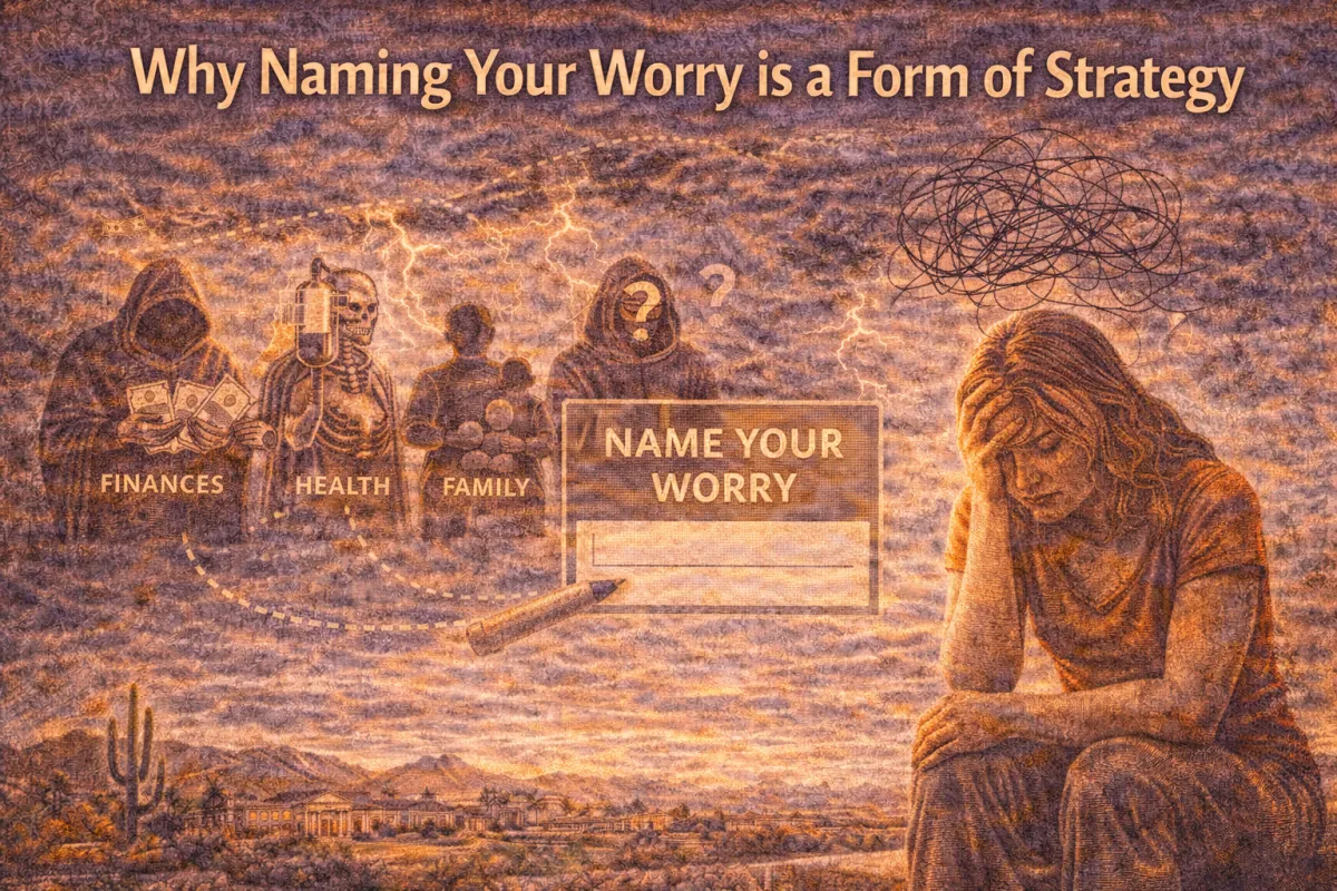 Hero image showing a person pausing to label their worries—finances, health, family, and uncertainty—to turn emotional overwhelm into clear, strategic action.