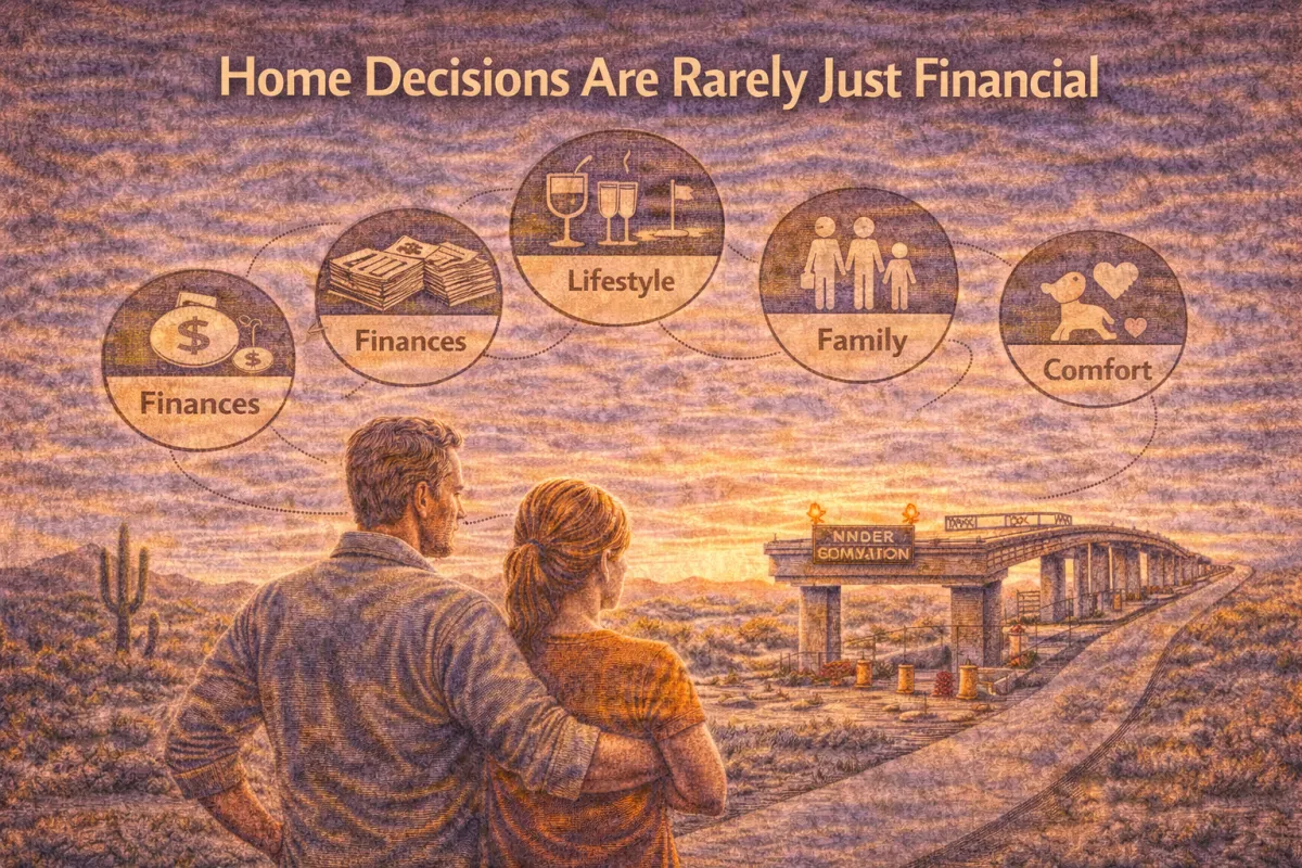 Hero image of a couple weighing a home decision beyond dollars, with icons for finances, lifestyle, family, and comfort to show the emotional and practical factors behind buying or selling.