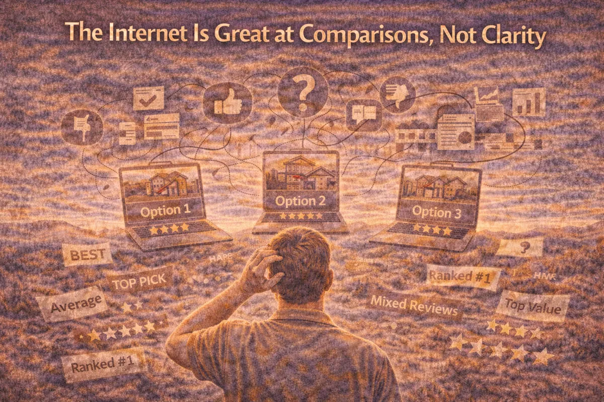 Hero image of a homebuyer overwhelmed by online comparisons across multiple screens, illustrating how endless ratings and opinions can create confusion instead of clear decision-making.