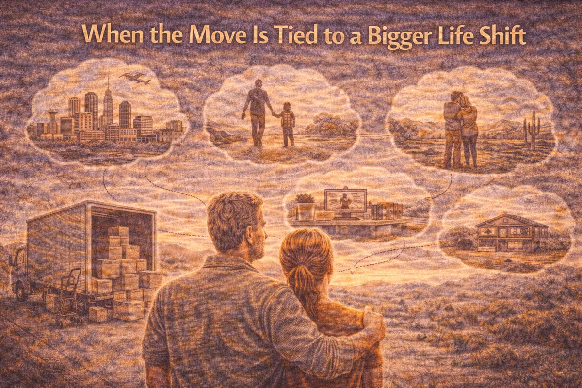 Hero image of a couple preparing to move while reflecting on major life transitions—family, career, location, and lifestyle—showing how housing decisions often connect to bigger personal changes.