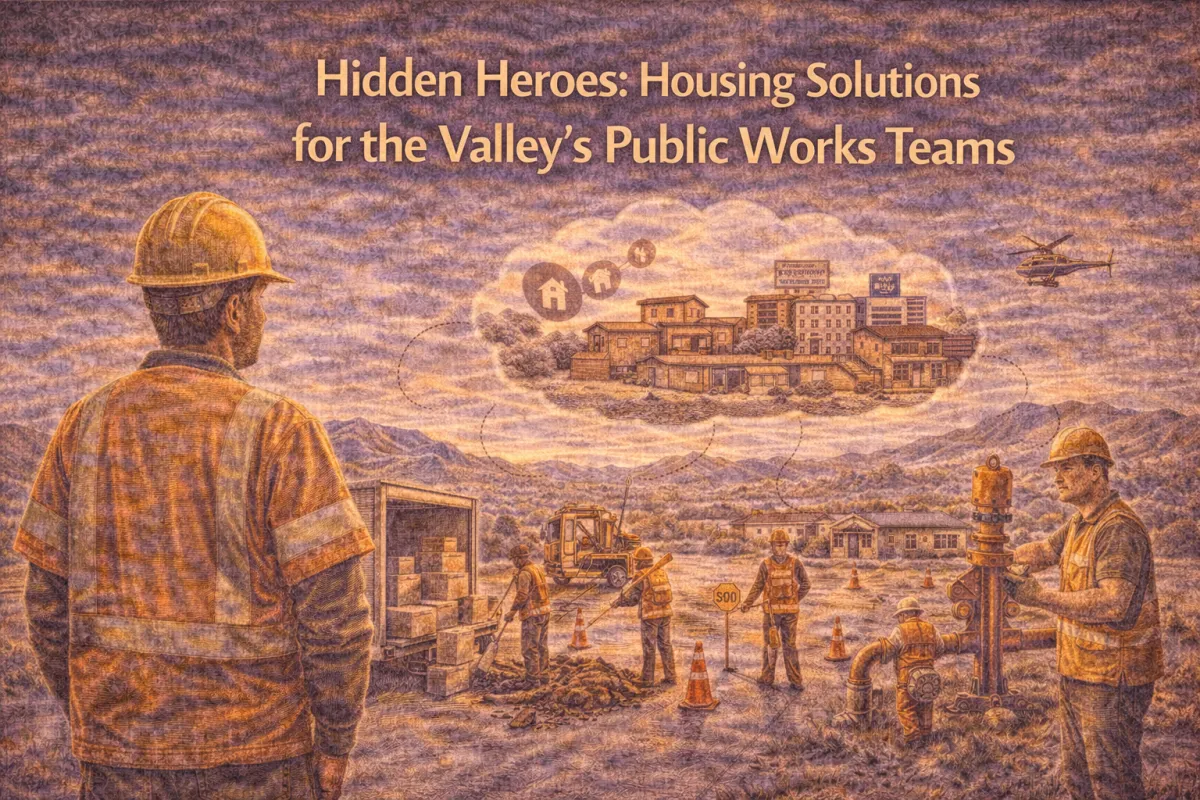Hero image of Phoenix West Valley public works crews in safety gear repairing infrastructure while envisioning attainable housing options for essential workers and their families