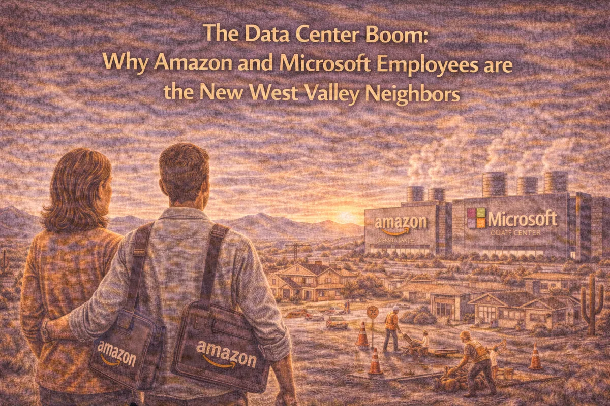 Hero image of tech professionals and families in Phoenix’s West Valley with nearby data center campuses, illustrating how Amazon and Microsoft expansion is driving new neighborhood growth and housing demand.