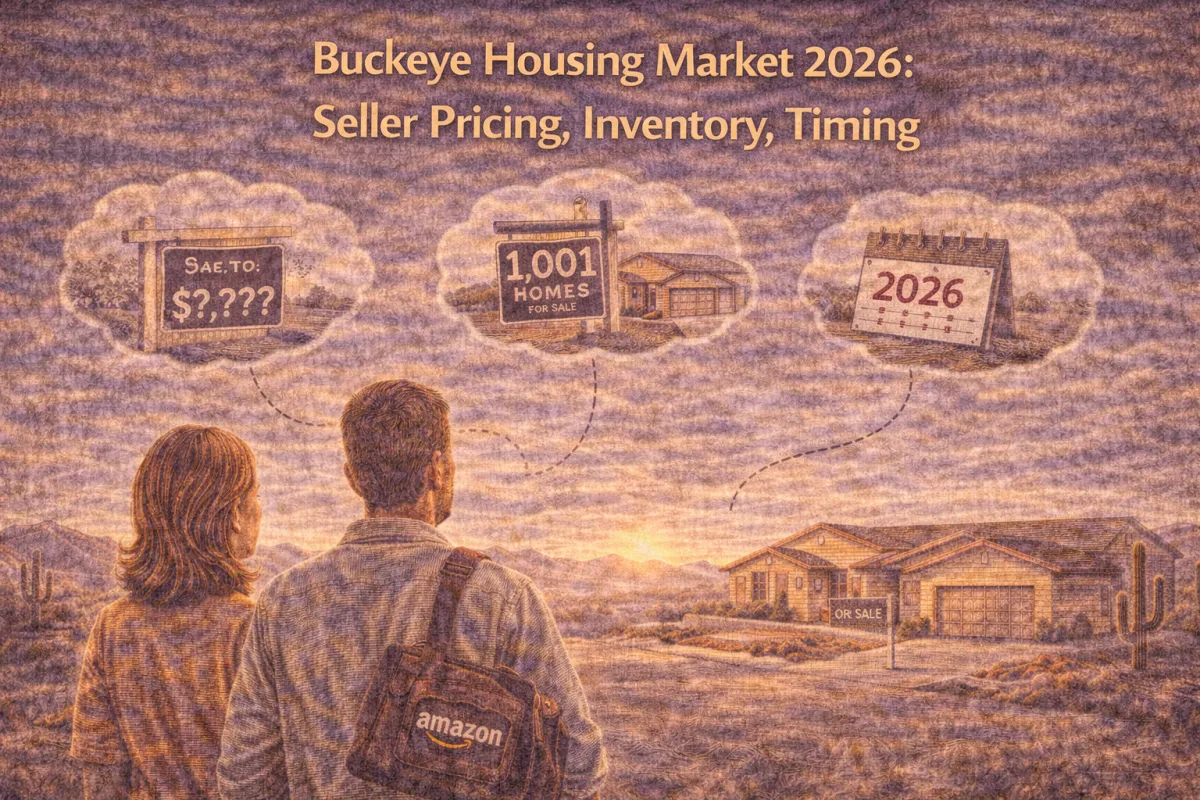 Hero image of a Buckeye home seller and agent reviewing 2026 market charts for pricing, inventory, and listing timing, with West Valley homes and desert landscape in the background.