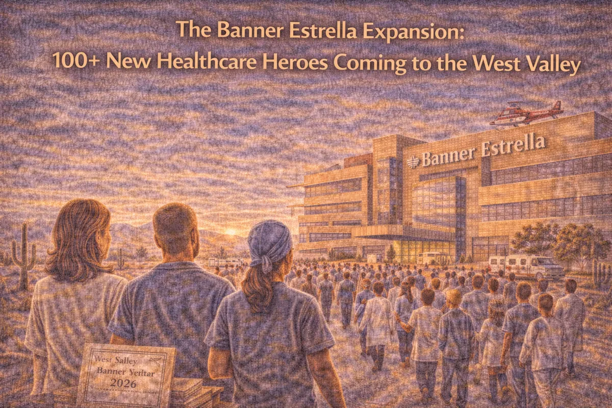 Hero image showing healthcare professionals in Phoenix’s West Valley near Banner Estrella Medical Center, highlighting expansion plans and the arrival of 100+ new healthcare workers to the area.