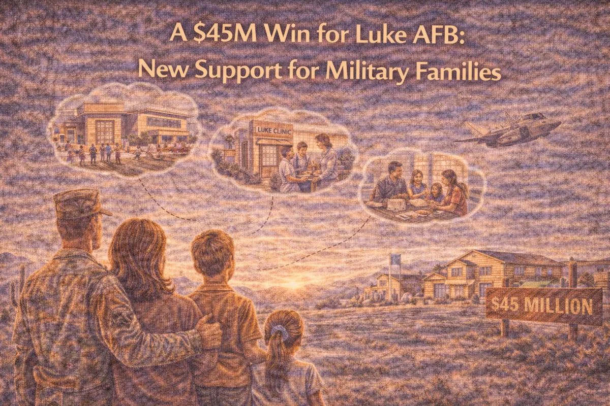 Hero image showing Luke Air Force Base in the West Valley with military families and service members, symbolizing a $45 million investment supporting housing, services, and quality of life.