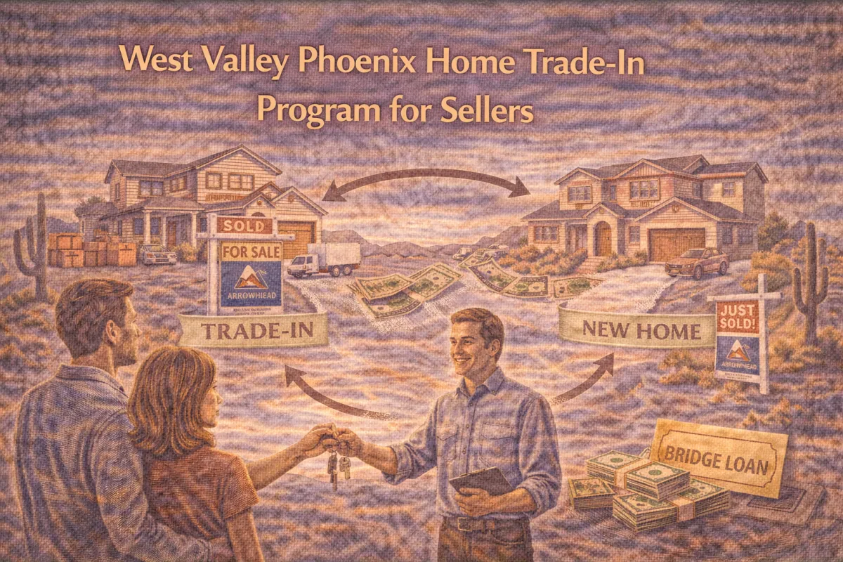 Hero image of a West Valley Phoenix homeowner using a home trade-in program, showing the move from current home to next home with bridge financing and streamlined seller support.