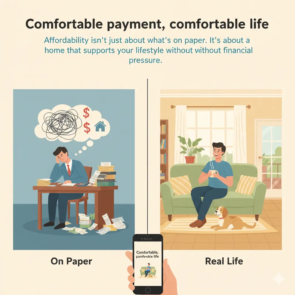 "A side-by-side comparison of home affordability. The left side, labeled 'On Paper,' shows a stressed man at a desk buried in bills and paperwork. The right side, labeled 'Real Life,' shows a relaxed man enjoying coffee on a sofa with his dog, illustrating a lifestyle supported by a comfortable mortgage payment."