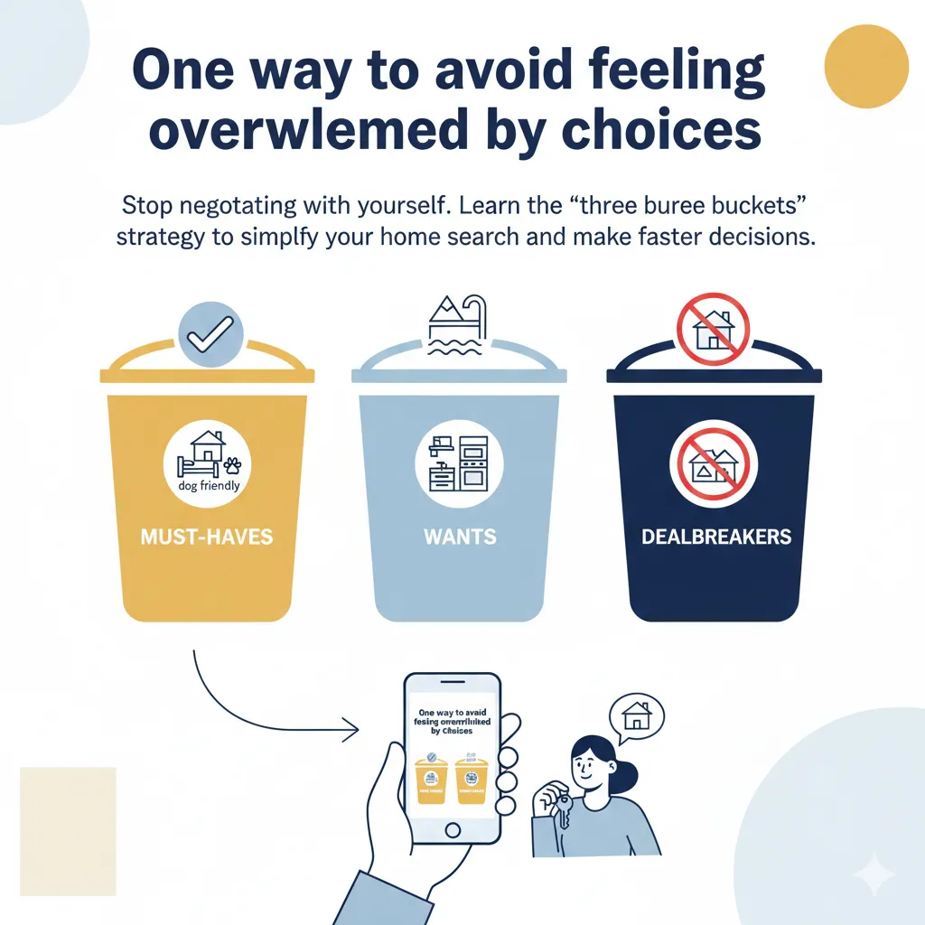 "An infographic titled 'One way to avoid feeling overwhelmed by choices' featuring three categorized buckets for a home search: 'Must-Haves' (yellow with a dog-friendly icon), 'Wants' (light blue with a star icon), and 'Dealbreakers' (dark blue with a crossed-out house icon). Below, an illustration shows a person holding a smartphone and keys next to a new home."