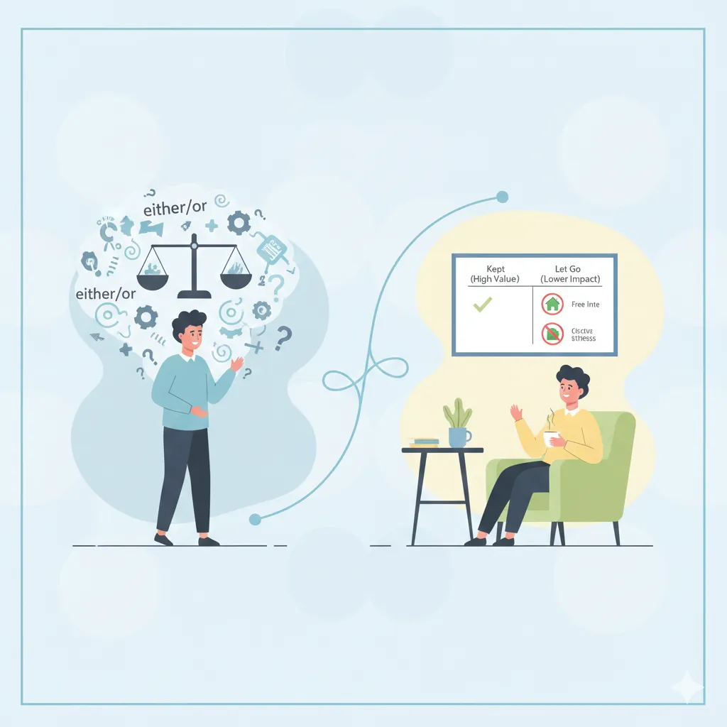 "An illustration of the mental shift from indecision to clarity. On the left, a person is surrounded by a cloud of 'either/or' questions and a heavy scale. On the right, the same person sits calmly in an armchair with a warm drink, next to a chart showing 'Kept (High Value)' and 'Let Go (Lower Impact),' representing the peace found in accepting tradeoffs."