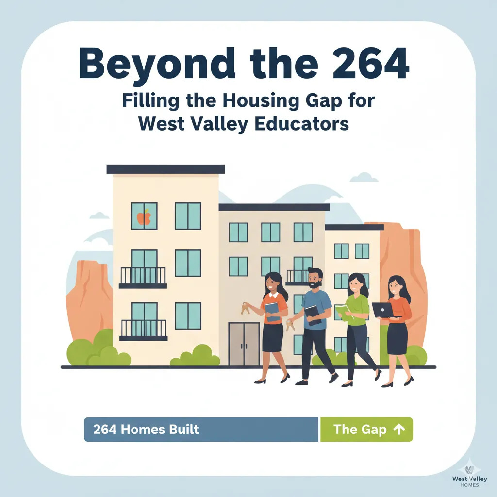 "An infographic titled 'Beyond the 264,' showing a group of diverse educators carrying books and keys in front of a modern apartment building. A progress bar at the bottom illustrates '264 Homes Built' next to 'The Gap,' highlighting the mission to provide housing for West Valley teachers."