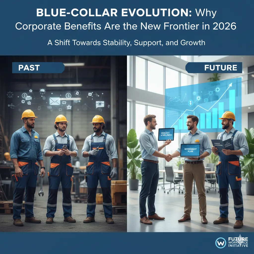 "A split-screen comparison titled 'Blue-Collar Evolution.' The left side, labeled 'Past,' shows a traditional warehouse team in blue overalls and hard hats. The right side, labeled 'Future,' shows blue-collar professionals in a modern office setting, shaking hands and using digital tablets displaying 'Health & Wellness' and 'Retirement Plan' benefits."