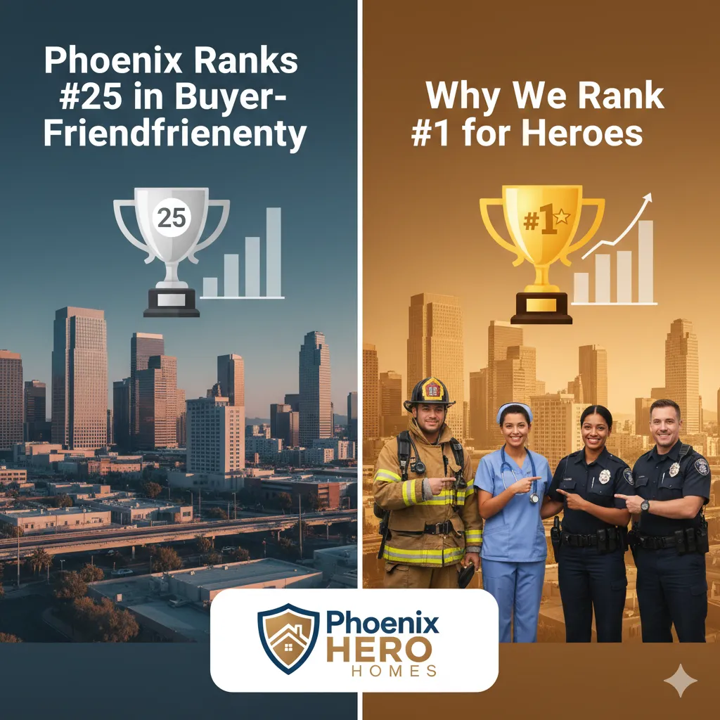 "A split-screen graphic with the Phoenix skyline in the background. The left side is blue with a silver trophy labeled '#25' and a bar graph showing 'Phoenix Ranks #25 in Buyer-Friendliness.' The right side is gold with a #1 trophy and a rising arrow, featuring a group of heroes (firefighter, nurse, and police officers) smiling under the text 'Why We Rank #1 for Heroes.'"