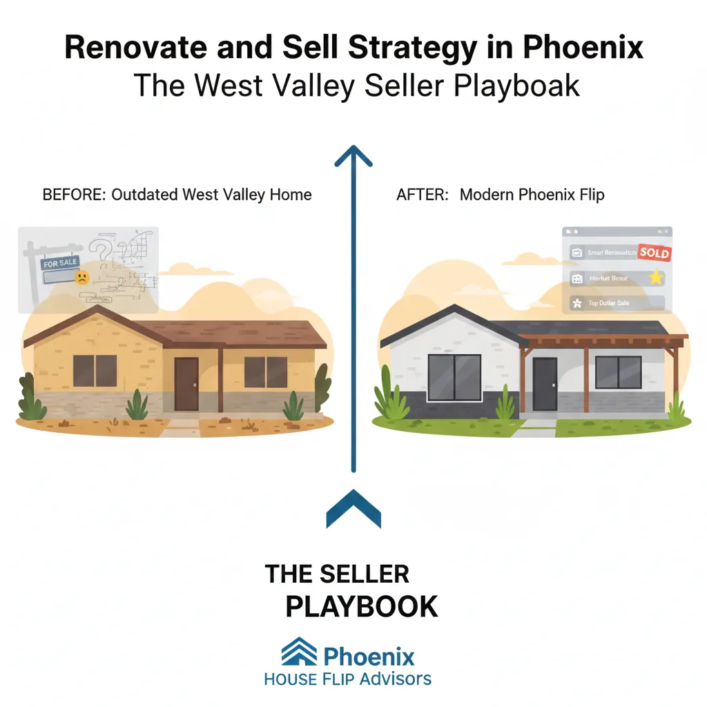 "A side-by-side comparison infographic titled 'The West Valley Seller Playbook.' The left side shows an 'Outdated West Valley Home' with a 'For Sale' sign and question marks. An arrow points to the right side, showing a 'Modern Phoenix Flip' with updated siding, a new porch, and a 'SOLD' icon. The bottom features a logo for 'Phoenix House Flip Advisors.'"