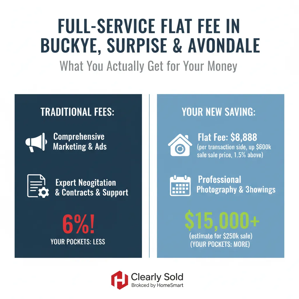 "A side-by-side comparison infographic for 'Clearly Sold' real estate services. The left side shows 'Traditional Fees' at 6% with icons for marketing and contracts. The right side highlights a '$8,888 Flat Fee' for homes in Buckeye, Surprise, and Avondale, showing potential savings of over $15,000. The footer includes the Clearly Sold and HomeSmart branding."
